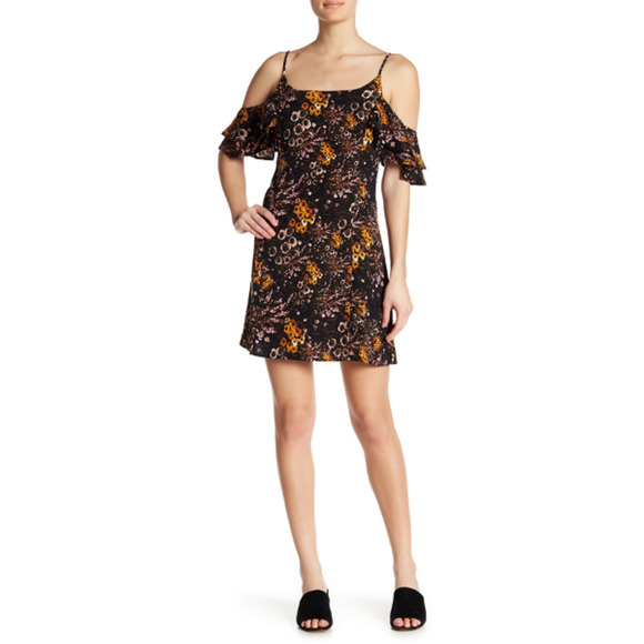Rokoko by Dazz Cold Shoulder Mini Dress Floral Black Size L 3976 - Picture 1 of 3